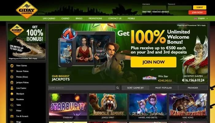 Captura del sitio web de GDay Casino