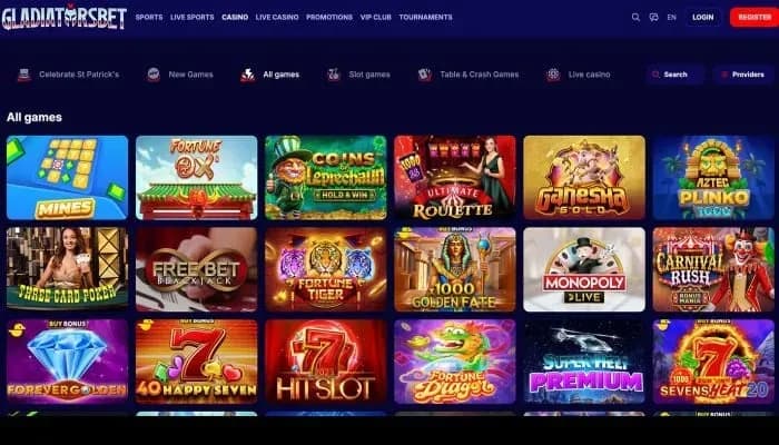 Captura del sitio web de GladiatorsBet Casino