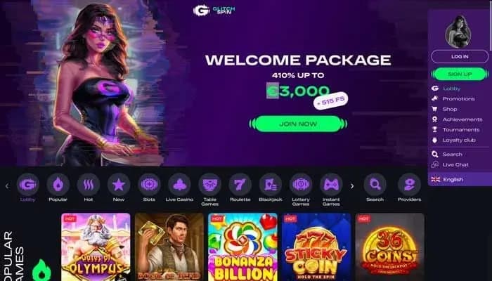 Captura del sitio web de Glitchspin Casino
