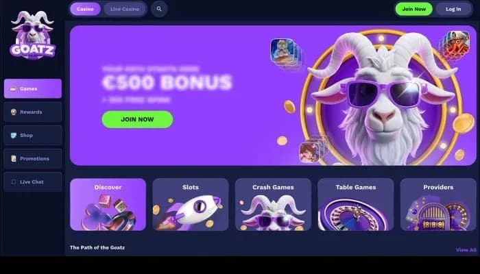 Captura del sitio web de Goatz Casino