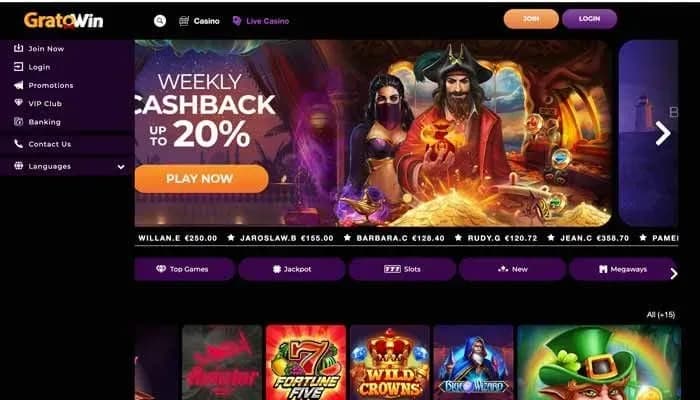 Captura del sitio web de GratoWin Casino