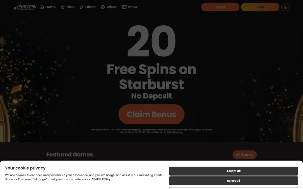Captura del sitio web de HeySpin Casino