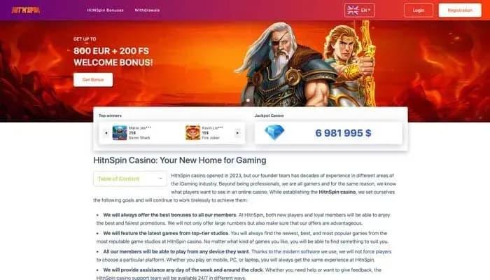 Captura del sitio web de HitNSpin Casino