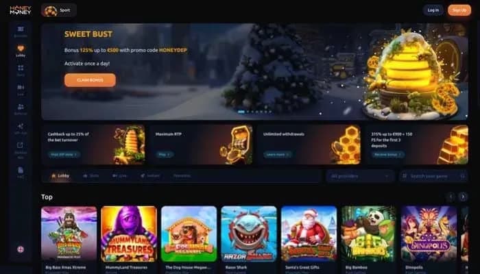 Captura del sitio web de HoneyMoney Casino