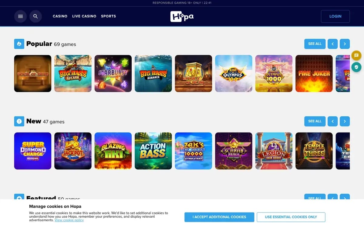 Captura del sitio web de Hopa Casino
