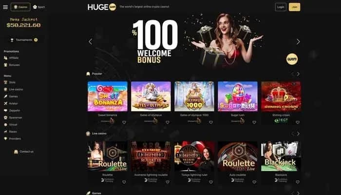 Captura del sitio web de Hugewin Casino