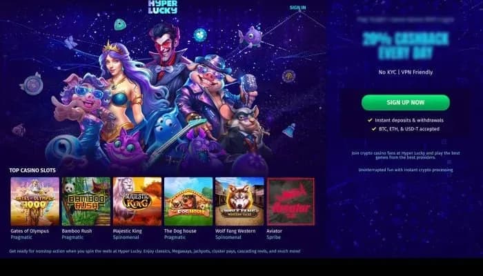 Captura del sitio web de Hyper Lucky Casino