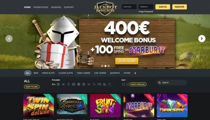 Captura del sitio web de Jackpot Knights Casino