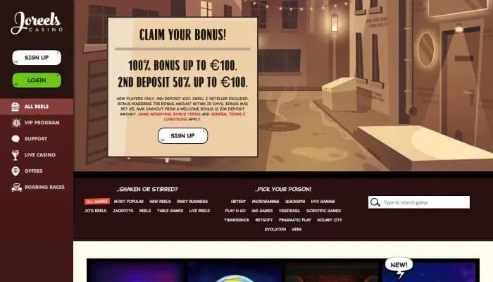 Captura del sitio web de Joreels Casino