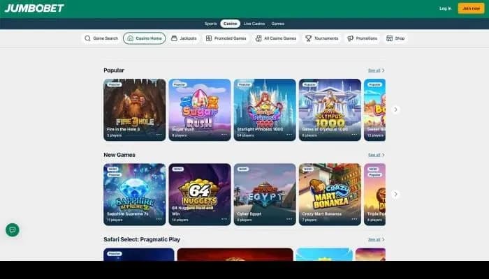 Captura del sitio web de JumboBet Casino