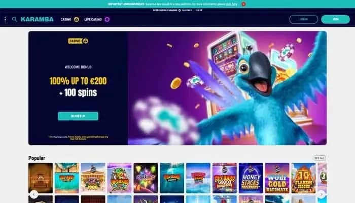 Captura del sitio web de Karamba Casino