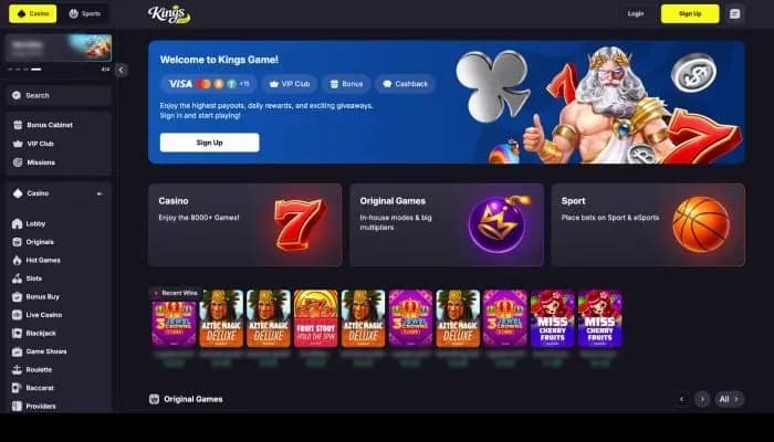 Captura del sitio web de Kings Game Casino