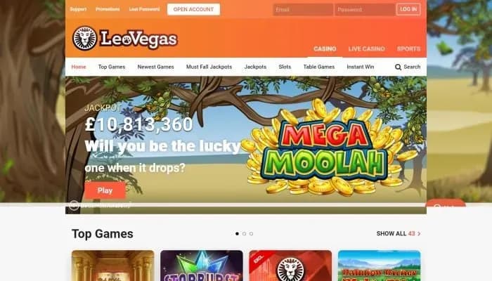 Captura del sitio web de LeoVegas UK Casino