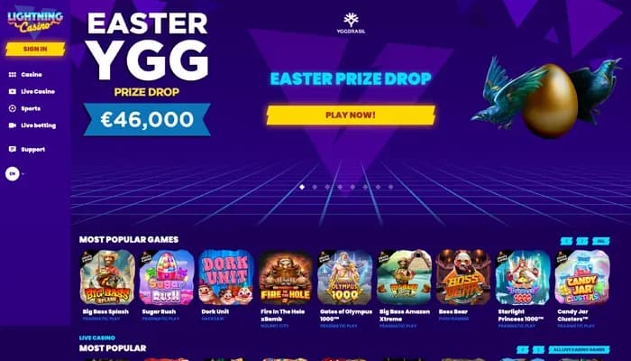 Captura del sitio web de Lightning Casino
