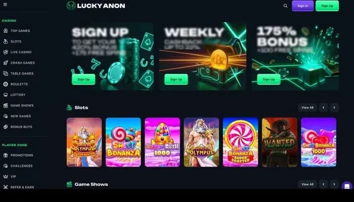 Captura del sitio web de Lucky Anon Casino