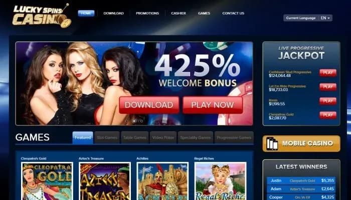 Captura del sitio web de LuckySpins Casino