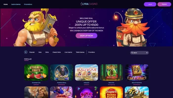 Captura del sitio web de LyraCasino