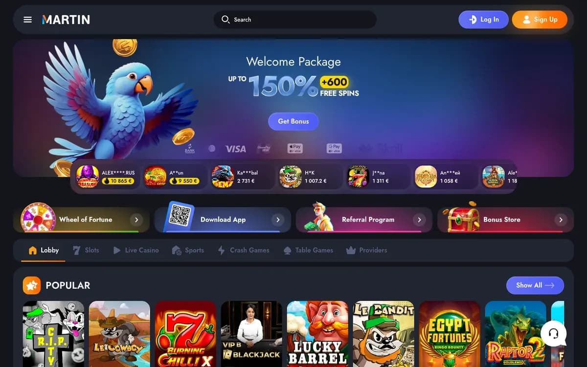 Captura del sitio web de Martin Casino