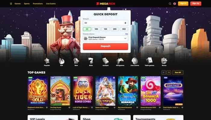 Captura del sitio web de Megarich Casino