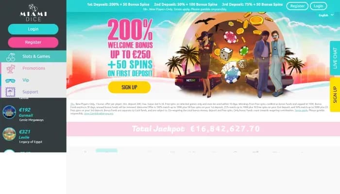 Captura del sitio web de Miami Dice Casino