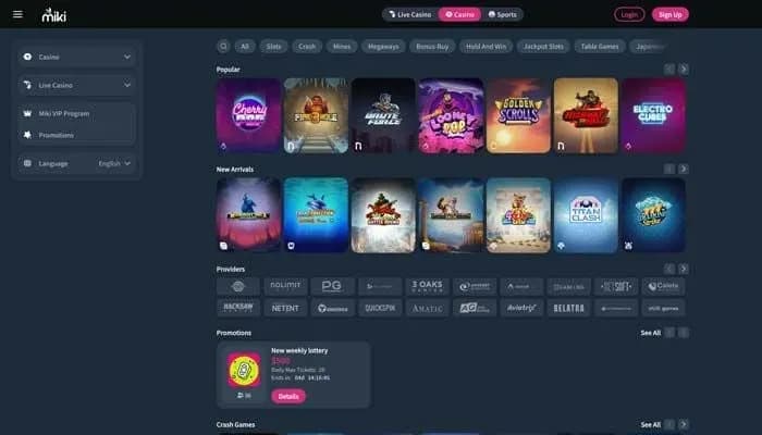 Captura del sitio web de Miki Casino