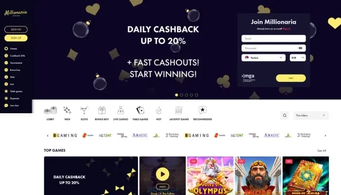 Captura del sitio web de Millionaria Casino