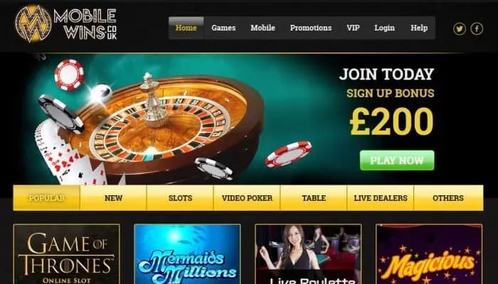 Captura del sitio web de Mobile Wins Casino