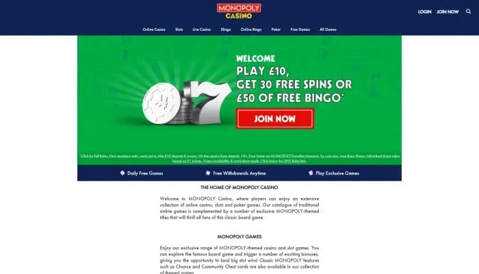 Captura del sitio web de Monopoly Casino