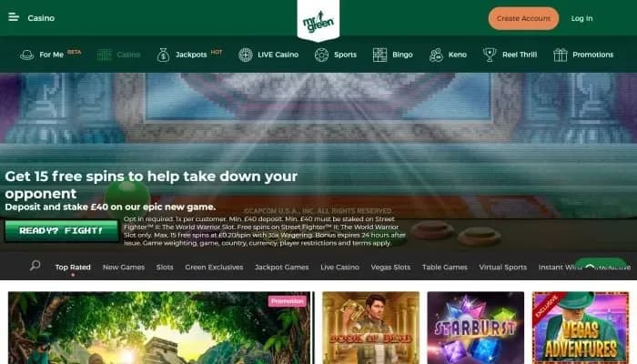 Captura del sitio web de Mr Green UK Casino