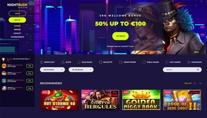 Captura del sitio web de NightRush Casino