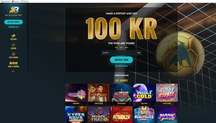 Captura del sitio web de No Account Bet Casino