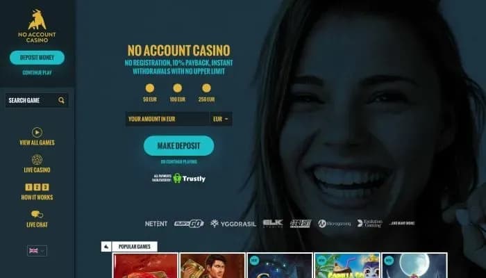Captura del sitio web de No Account Casino
