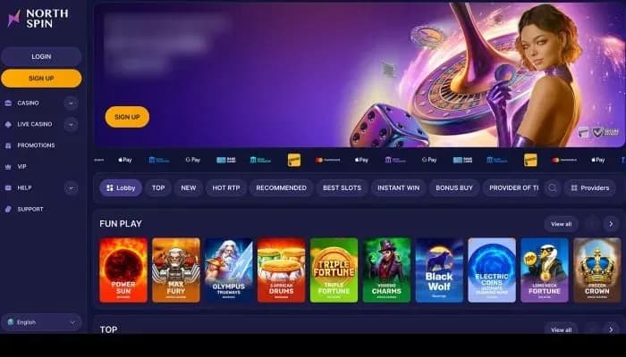 Captura del sitio web de North Spin Casino