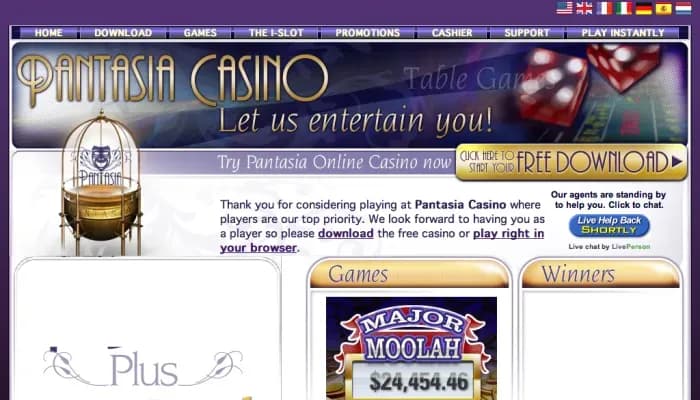 Captura del sitio web de Pantasia Casino