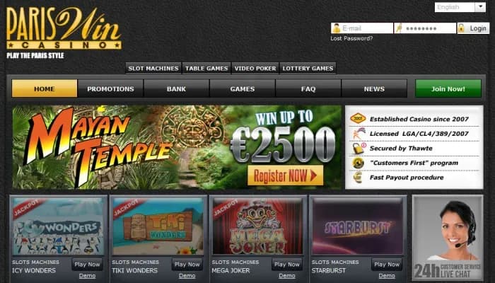 Captura del sitio web de Paris Win Casino