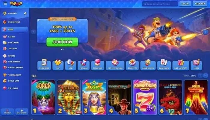 Captura del sitio web de Pistolo Casino