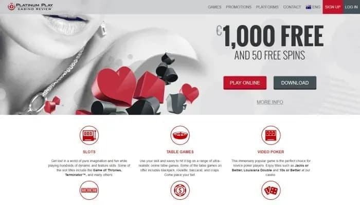 Captura del sitio web de Platinum Play Casino