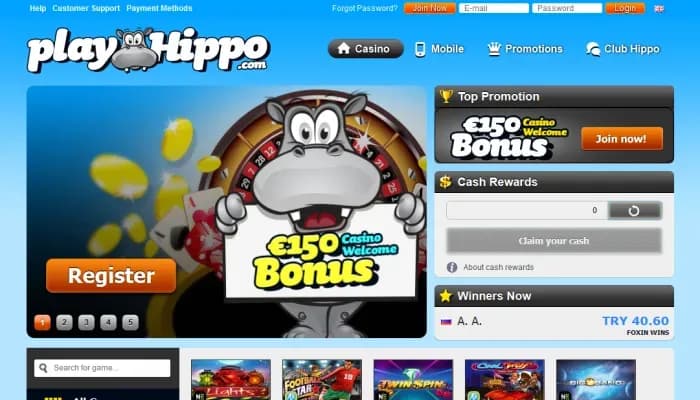 Captura del sitio web de PlayHippo Casino