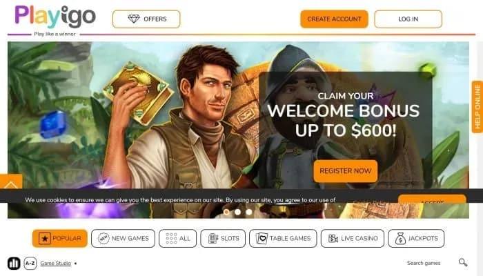 Captura del sitio web de Playigo Casino