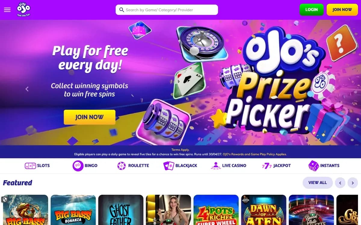 Captura del sitio web de PlayOJO Casino