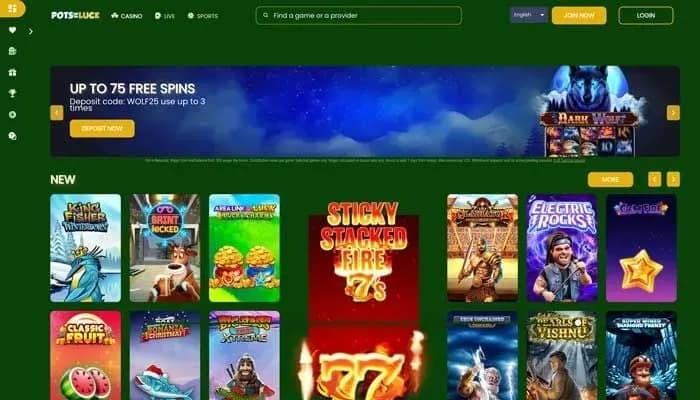 Captura del sitio web de PotsOfLuck Casino
