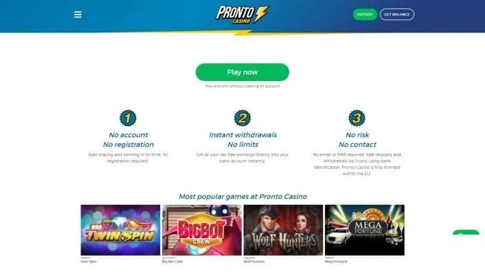 Captura del sitio web de Pronto Casino