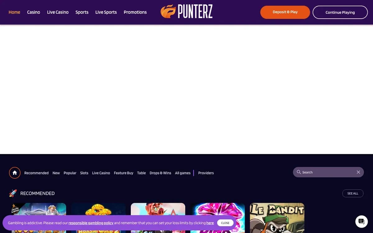 Captura del sitio web de Punterz Casino