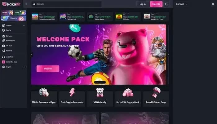 Captura del sitio web de Rakebit Casino