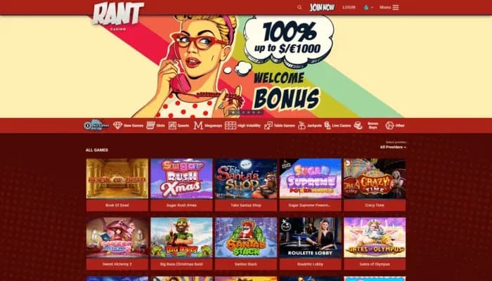 Captura del sitio web de RANT Casino