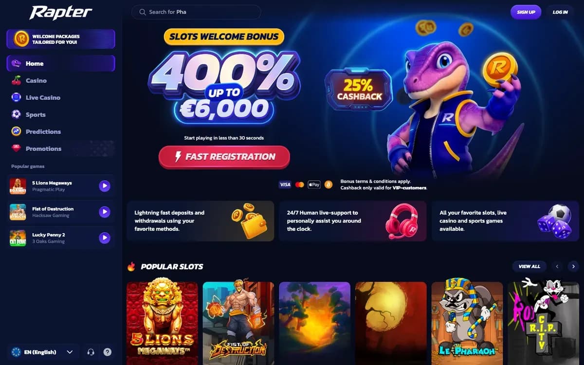 Captura del sitio web de Rapter Casino