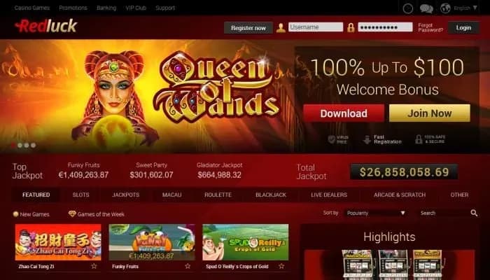 Captura del sitio web de Red Luck Casino