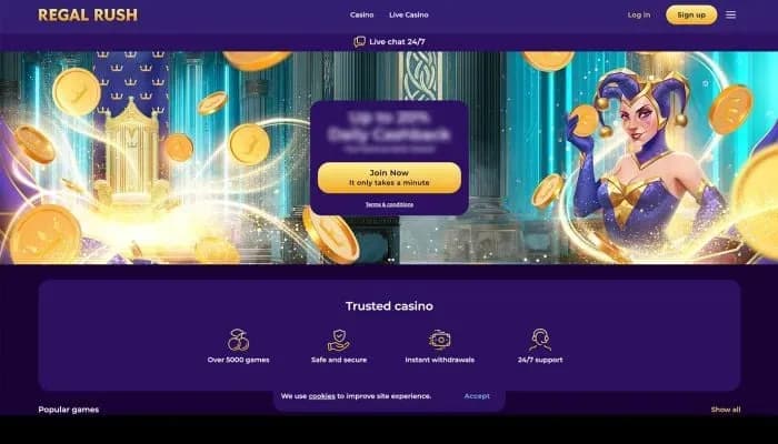 Captura del sitio web de Regal Rush Casino