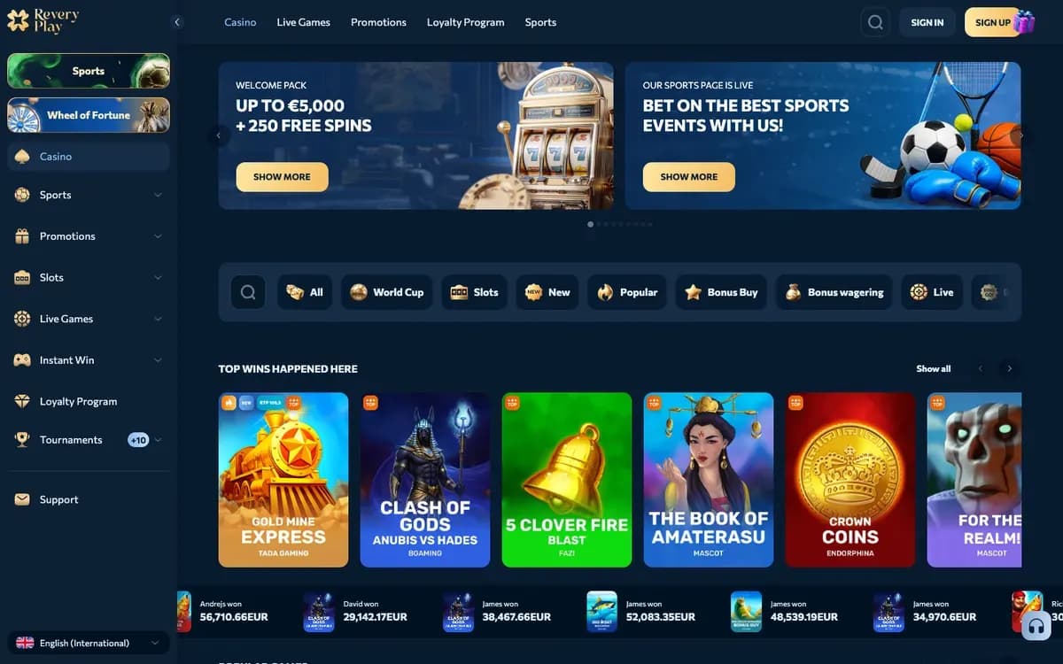 Captura del sitio web de Revery Play Casino