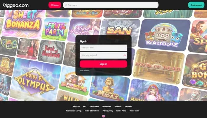 Captura del sitio web de Rigged Casino